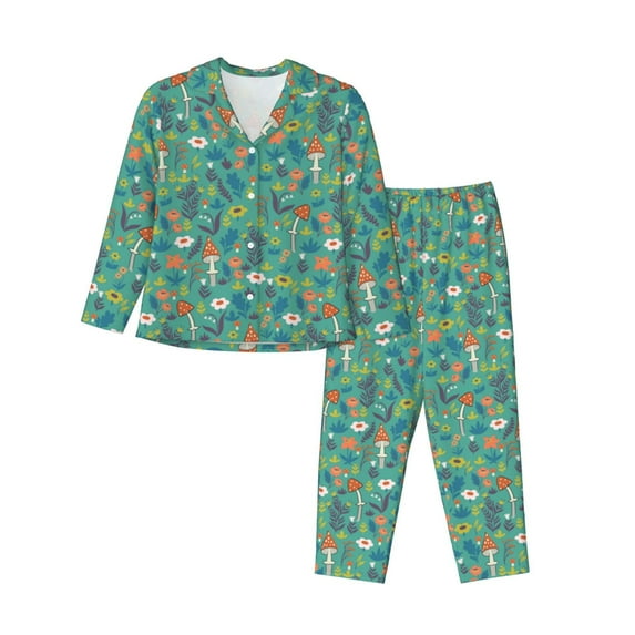 Honeii Mushrooms and Flowers print Women's Pajama Sets Long Sleeve Button Down Sleepwear Nightwear Soft Pjs Lounge Sets-X-Large