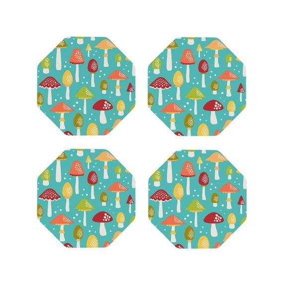 Honeii Mushrooms print Leather Coaster Set of 4, ideal for safeguarding your furniture from drinks spills and effortless cleanup-Octagon