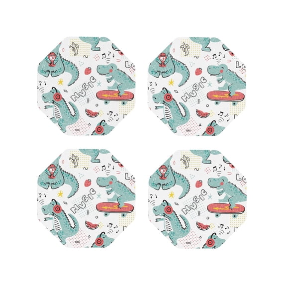 Honeii Music Lover Dinosaur print Leather Coaster Set of 4, ideal for safeguarding your furniture from drinks spills and effortless cleanup-Octagon