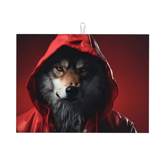 Honeii Mysterious Hooded Wolf Print Kitchen Drying Mat Coffee Bar Mat Hide Stain Coffee Maker Mat for Countertops Coffee Pot Dish Drying Mat