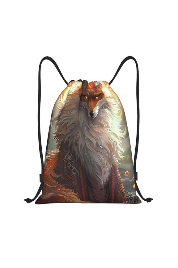 Mystic Fox With Halo Print Drawstring Backpack,Drawstring Bags String Backpack Gym Cinch Sack Backpack Sport Bag Draw-Small