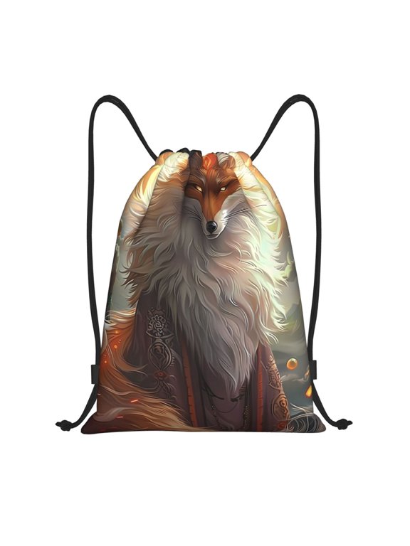 Mystic Fox With Halo Print Drawstring Backpack,Drawstring Bags String Backpack Gym Cinch Sack Backpack Sport Bag Draw-Small