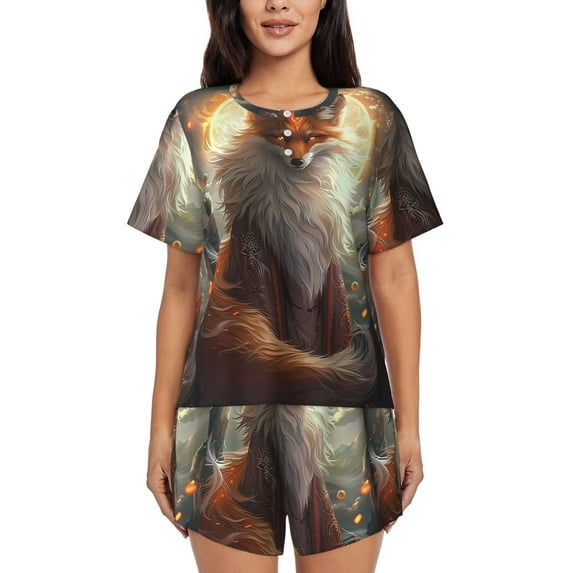 Honeii Mystic Fox With Halo for Women's Summer Pajama Set ,Soft Short Sleeve Shirt & Matching Bottoms,Loungewear,2PCS Sleepwear Relaxed Home Wear-XX-Large