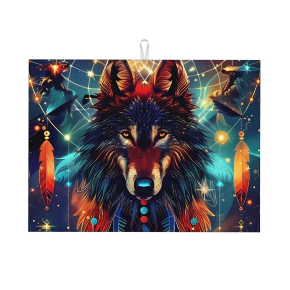Honeii Mystic Wolf Dreamcatcher Print Kitchen Drying Mat Coffee Bar Mat Hide Stain Coffee Maker Mat for Countertops Coffee Pot Dish Drying Mat