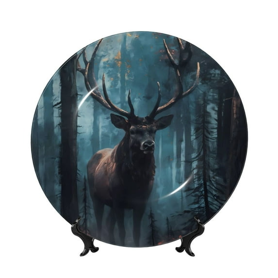 Honeii Mystical Forest Elk Print Elegant Bone China Decorative Plate, Porcelain Plate,Art Crafts,Ceramic Ornaments for Home Office Wall Decor-6in