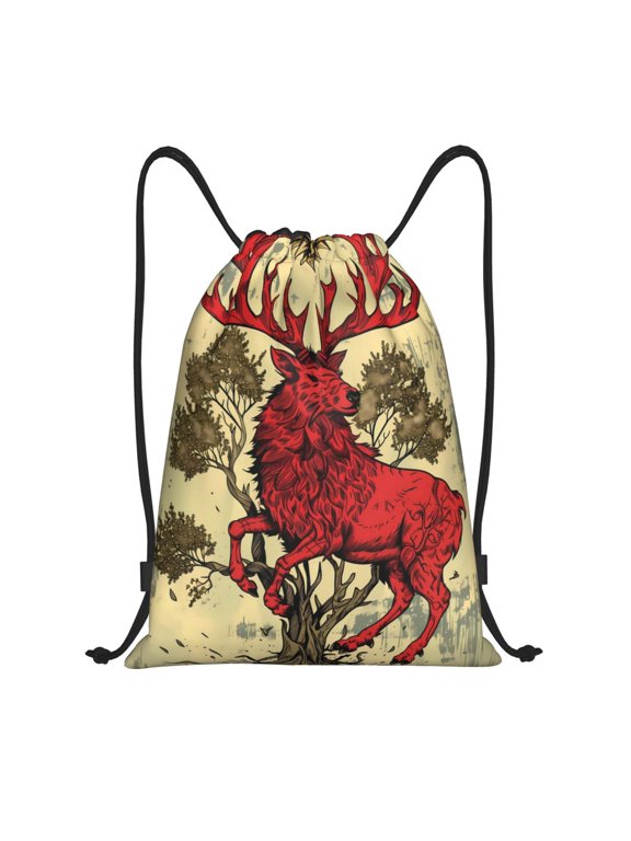 Mythical Red Stag Illustration Print Drawstring Backpack,Drawstring Bags String Backpack Gym Cinch Sack Backpack Sport Bag Draw-Small