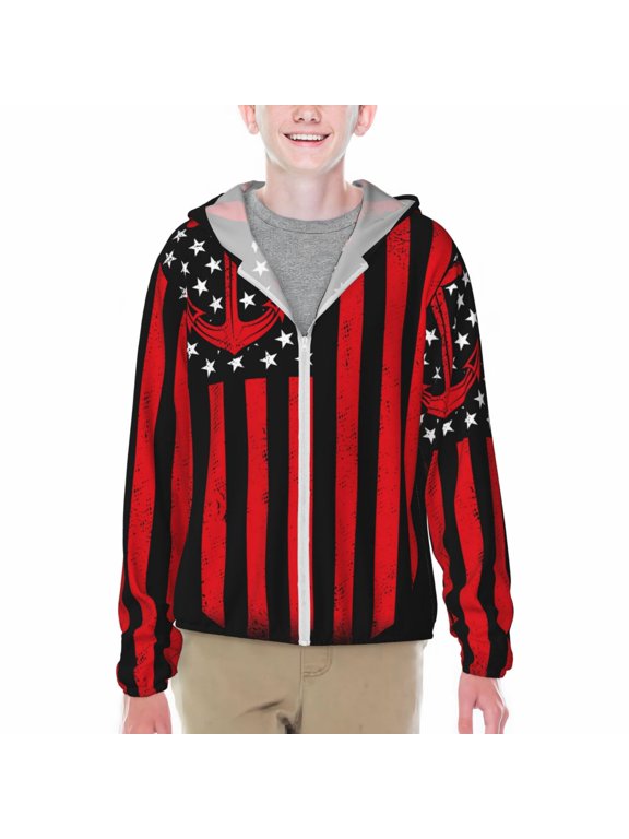 Nautical American Flag Print Sun Protection Jacket Hooded Cooling Shirt with Pockets Hiking Outdoor Performance-X-Large