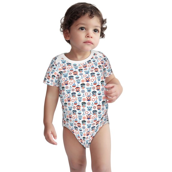Honeii Nautical And Pirate Owls Pattern unisex-baby Short-sleeve Bodysuit,One-piece Bodysuit 100% Organic Cotton-3 Months