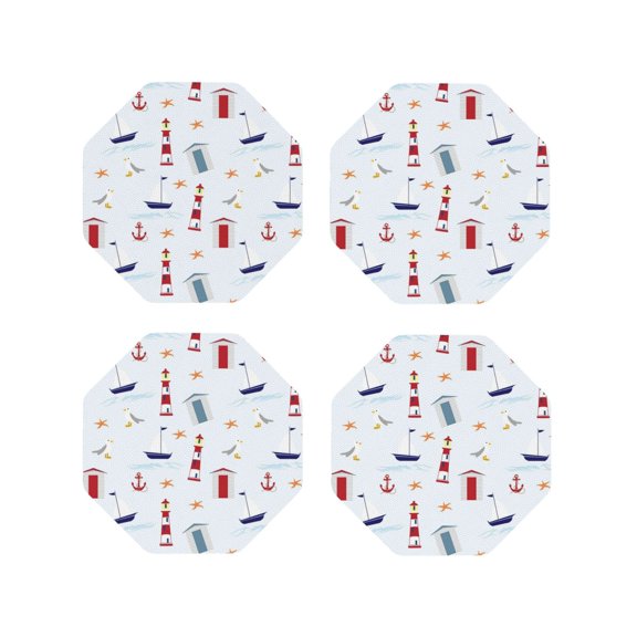 Honeii Nautical Lighthouse Sailboat print Leather Coaster Set of 4, ideal for safeguarding your furniture from drinks spills and effortless cleanup-Octagon