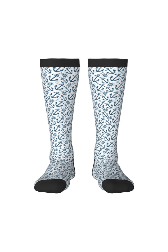 Nautical Theme Anchors Print Long Socks,Novelty Design Socks Gift for Men and Women,Crew Socks,Calf Socks