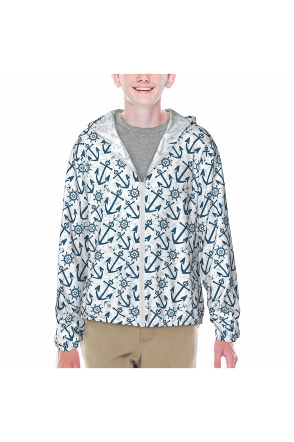 Nautical Theme Anchors Print Sun Protection Jacket Hooded Cooling Shirt with Pockets Hiking Outdoor Performance-Small