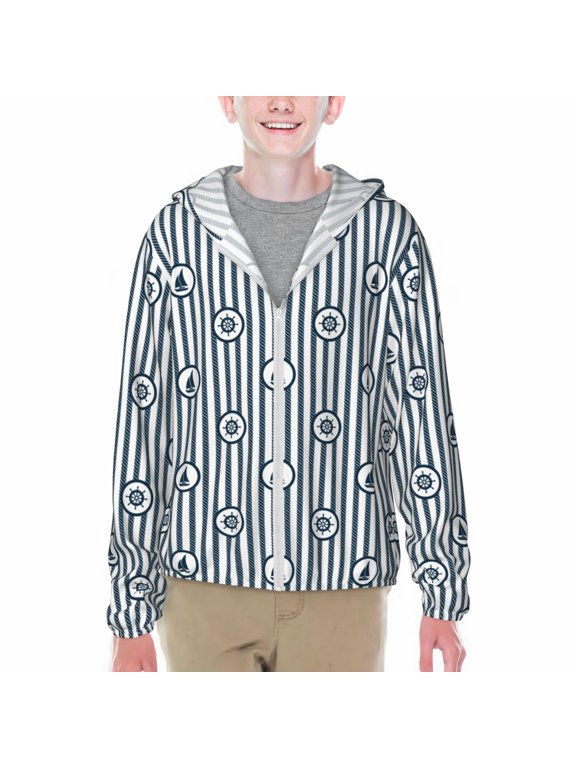 Nautical1 Print Sun Protection Jacket Hooded Cooling Shirt with Pockets Hiking Outdoor Performance-Medium