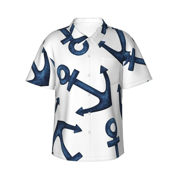 Honeii Navy Blue Anchor Print Men’s Hawaiian Shirt,Classic Button-Down Short Sleeve Shirt, for Beach, Vacation, and Outdoor Activities,Medium