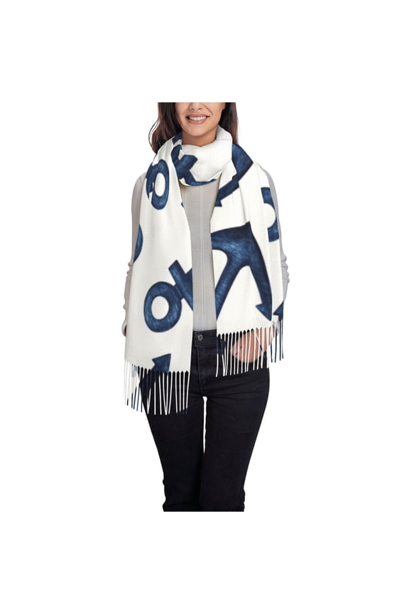 Navy Blue Anchor Print Scarf Oversized Scarf Tassel Fall Winter Thick Scarf Warm Shawl Women,Women's Scarves & Wraps