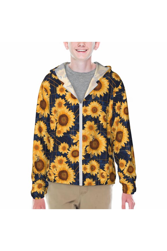 Navy Blue Plaid Sunflower Print Sun Protection Jacket Hooded Cooling Shirt with Pockets Hiking Outdoor Performance-Large