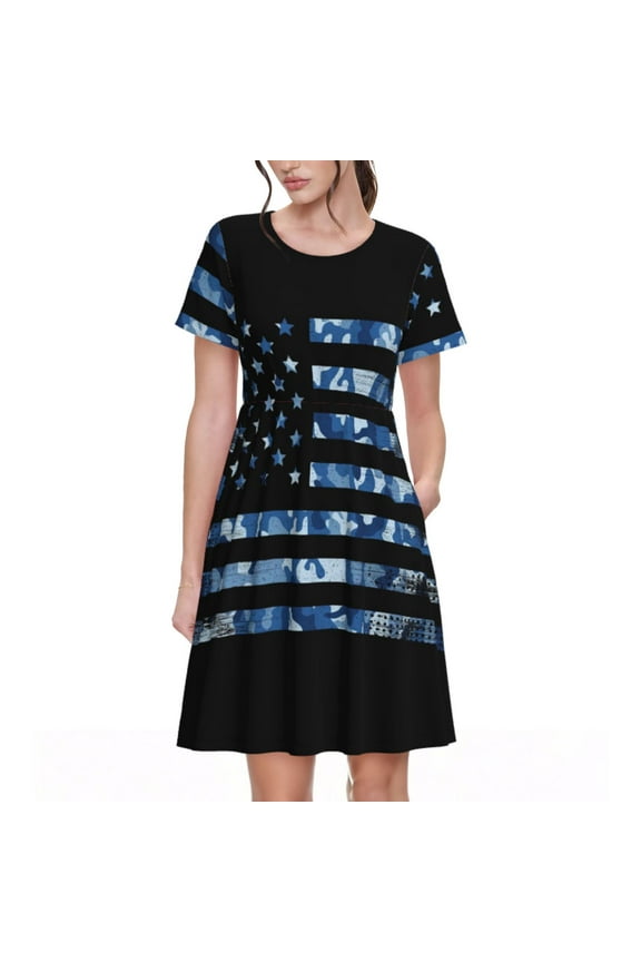 Navy Camouflage American Flag Print Women’s Short Sleeve Dress, Comfortable Casual Dress, Soft Polyester Spandex Blend, Stylish Everyday Wear for Summer, Perfect for Travel and Vacation