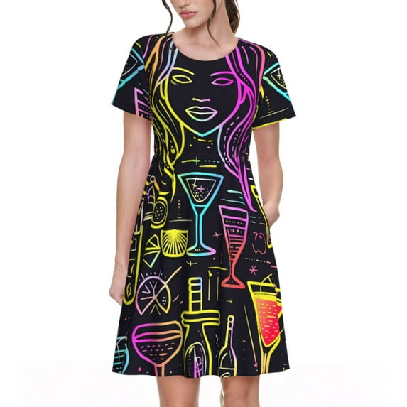 Honeii Neon Bar Drinks Print Women’s Short Sleeve Dress, Comfortable Casual Dress, Soft Polyester Spandex Blend, Stylish Everyday Wear for Summer, Perfect for Travel and Vacation