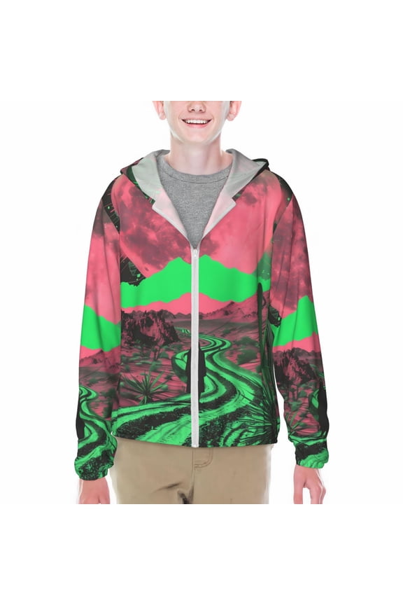 Neon Desert Moon Print Sun Protection Jacket Hooded Cooling Shirt with Pockets Hiking Outdoor Performance-