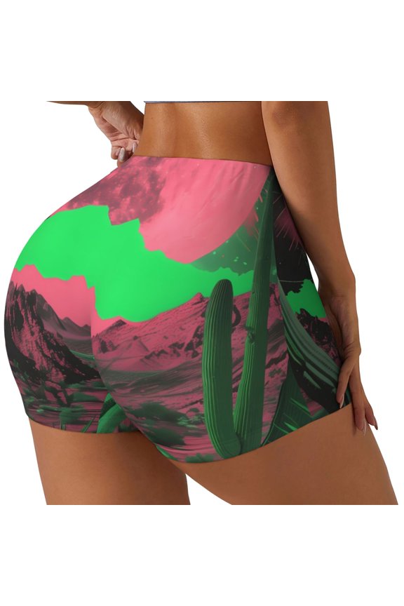 Neon Desert Moon Print Women's Workout Shorts, Gym Shorts for Active Wear, Sports Shorts,Women's Running Shorts,Quick Dry Athletic Shorts-Medium