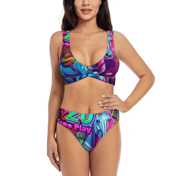 Honeii Neon Free Play Print Women’s Bikini Set,Two Piece Swimsuit Bathing Suits,Stylish High Elasticity Swimwear for Beach and Pool