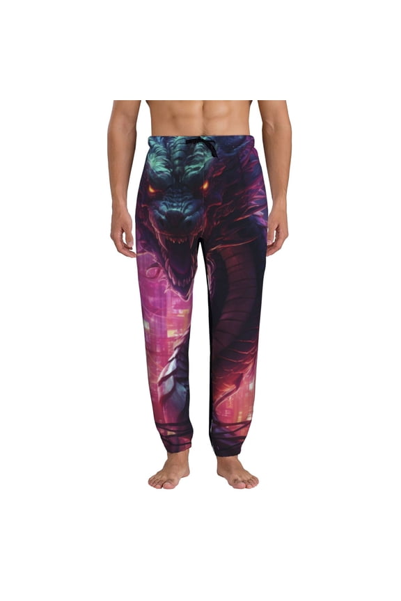 Neon Futuristic Dragon Print Mens Jogger Sweatpants, Men's Lounge Pants with Pockets-X-Large