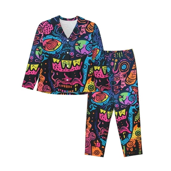 Honeii Neon Graffiti Urban Art Print Women's Pajama Sets Long Sleeve Button Down Sleepwear Nightwear Soft Pjs Lounge Sets 2PCS-