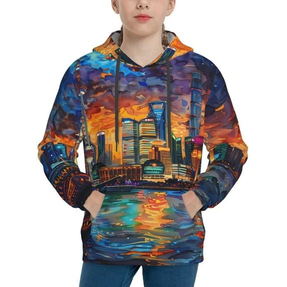 Honeii Neon Shanghai Cityscape Night Pattern Long-Sleeve Hooded Sweatshirt Pullover Hoodie for Boys and Grils-Small