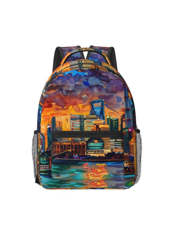 Neon Shanghai Cityscape Night Print Backpack for School,15.6 inch Laptop Back Pack for High School and College Students, Waterproof Computer Bookbag-One Size