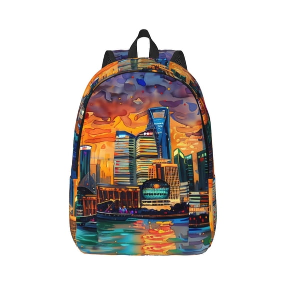 Honeii Neon Shanghai Cityscape Night Print Canvas College Laptop Backpack, Durable Rucksack Travel Notebook Bag School Backpack Book Bag for Men Women-Small