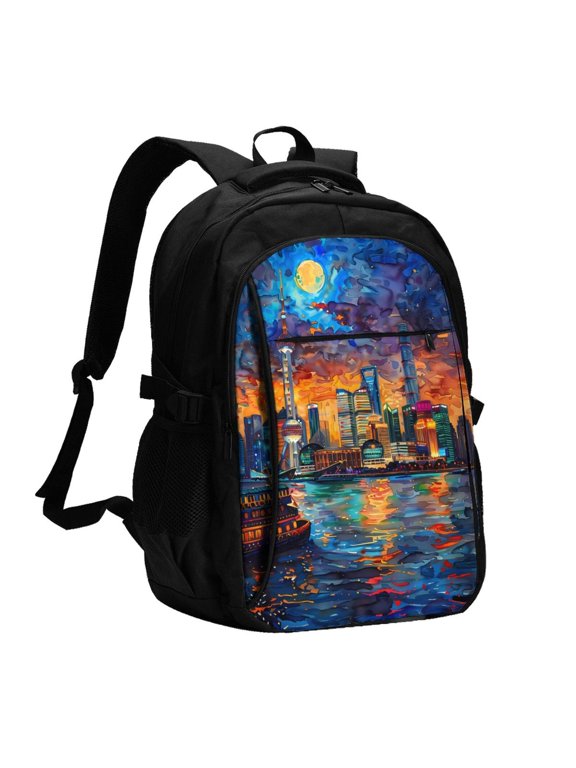 Neon Shanghai Cityscape Night for Travel Laptop Backpack, Business Laptops Backpack with USB Charging Port, College High School Computer Bag for Men Women