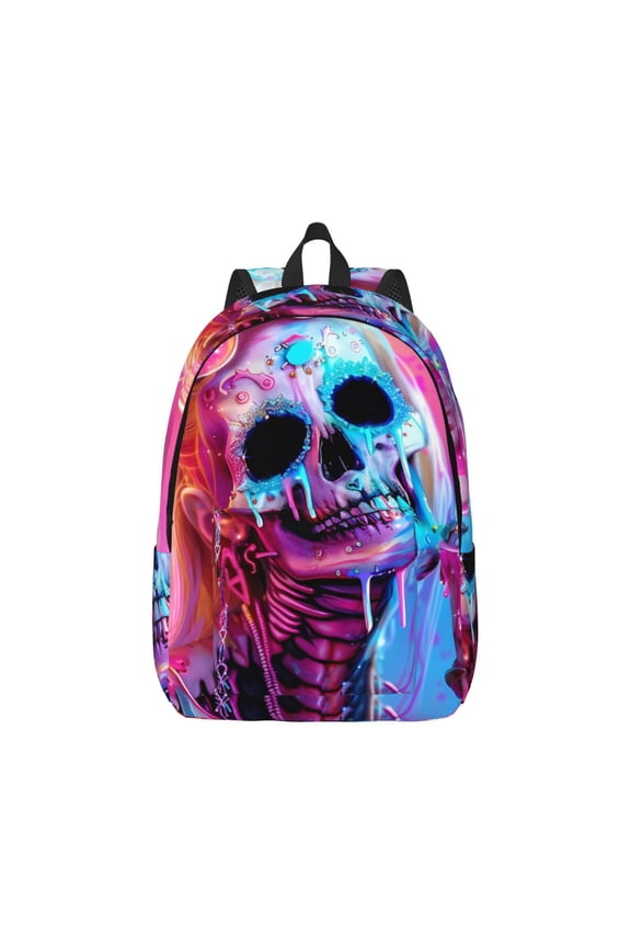 Neon Skull With Milkshake Print Canvas College Laptop Backpack, Durable Rucksack Travel Notebook Bag School Backpack Book Bag for Men Women-Small
