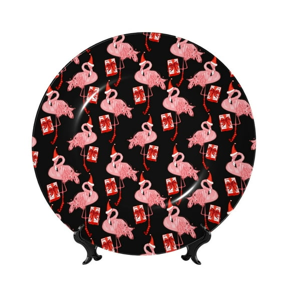 Honeii New Year Flamingo Print Elegant Bone China Decorative Plate, Porcelain Plate,Art Crafts,Ceramic Ornaments for Home Office Wall Decor-7in