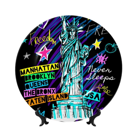 Honeii New York City Print Elegant Bone China Decorative Plate, Porcelain Plate,Art Crafts,Ceramic Ornaments for Home Office Wall Decor-6in
