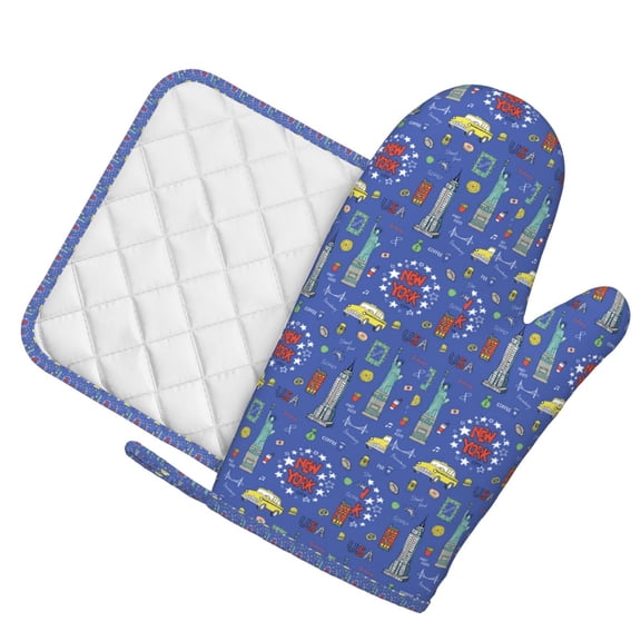 Honeii New-York City patten Oven Mitts and Pot Holders Sets, Baker Oven Mitts, Mittens for Kitchen Decor, Baking Lover over Gloves Gifts