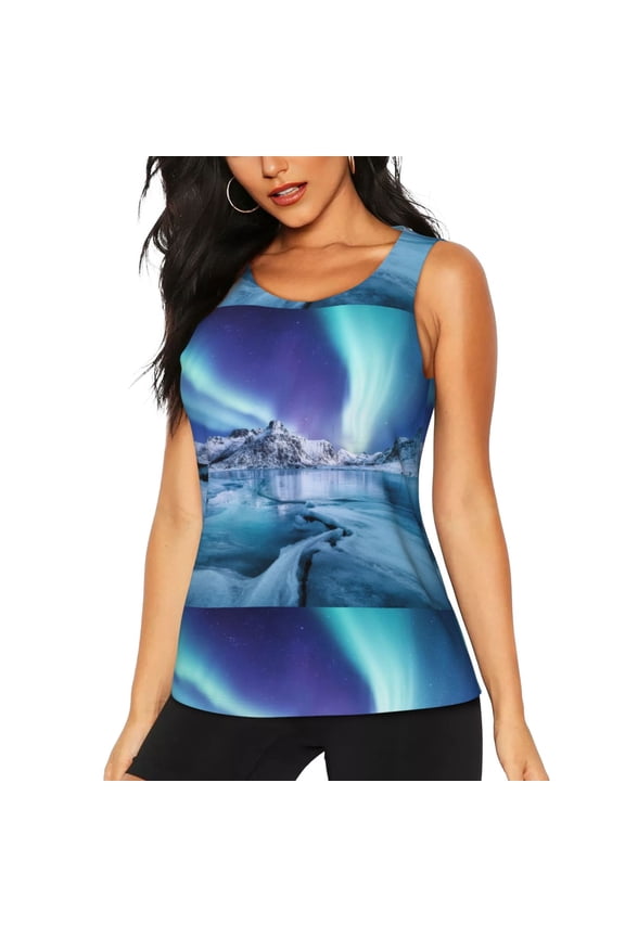 Night At Lake Aurora 1 Print Women's Workout Tank Top Sleeveless Quick Dry Sun Protection UPF 50+ Running Hiking Athletic Gym Yoga Tank Tops-XX-Large