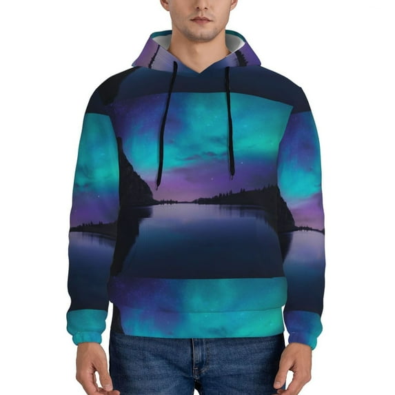 Honeii Night At Lake Aurora Pattern Mens Hoodies Men's Loose Sleeve Sweatshirt,Pullover Hooded Sweatshirt for Men,Essentials Hoodie-Small