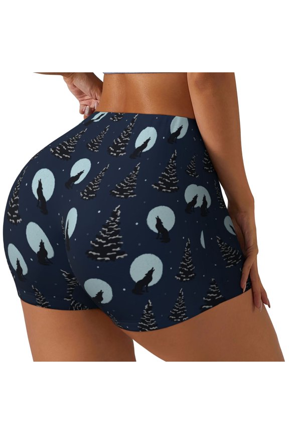 Night Forest Wolf Print Women's Workout Shorts, Gym Shorts for Active Wear, Sports Shorts,Women's Running Shorts,Quick Dry Athletic Shorts-Medium