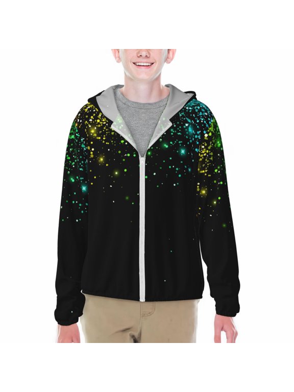 Night Rainbow Sparkles Print Sun Protection Jacket Hooded Cooling Shirt with Pockets Hiking Outdoor Performance-XX-Large