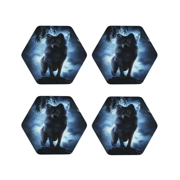 Honeii Night Scene of Wolves print Leather Coaster Set of 4, ideal for safeguarding your furniture from drinks spills and effortless cleanup-Hexagon