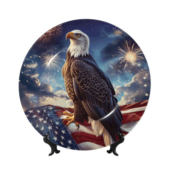Honeii Night Sky Bald Eagle Print Elegant Bone China Decorative Plate, Porcelain Plate,Art Crafts,Ceramic Ornaments for Home Office Wall Decor-6in