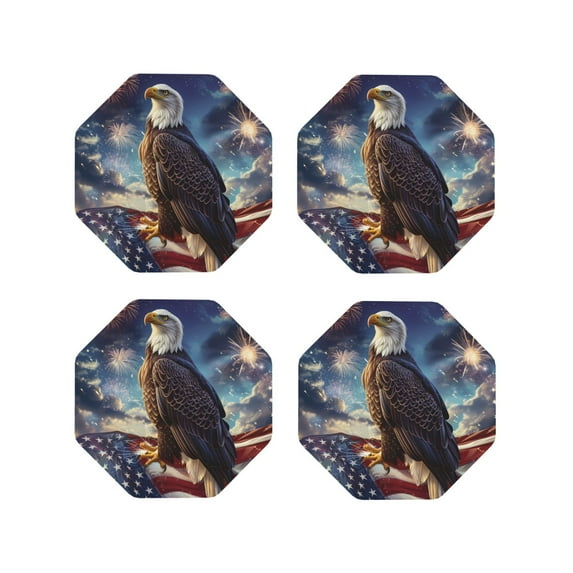Honeii Night Sky Bald Eagle print Leather Coaster Set of 4, ideal for safeguarding your furniture from drinks spills and effortless cleanup-Octagon