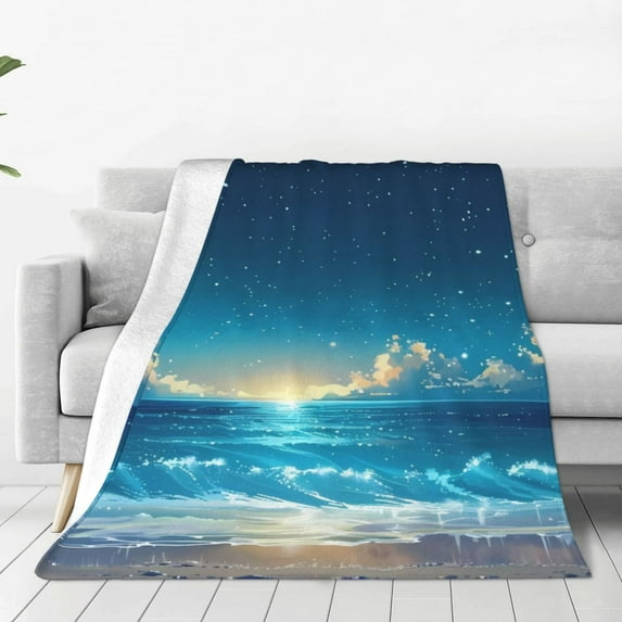 Honeii Night Sky Beach Scene Print Fleece Blanket - Throw Blanket for Bed, Sofa, Couch, Camping, and Travel , Microplush Ultra Soft Warm Blanket-60"x50"