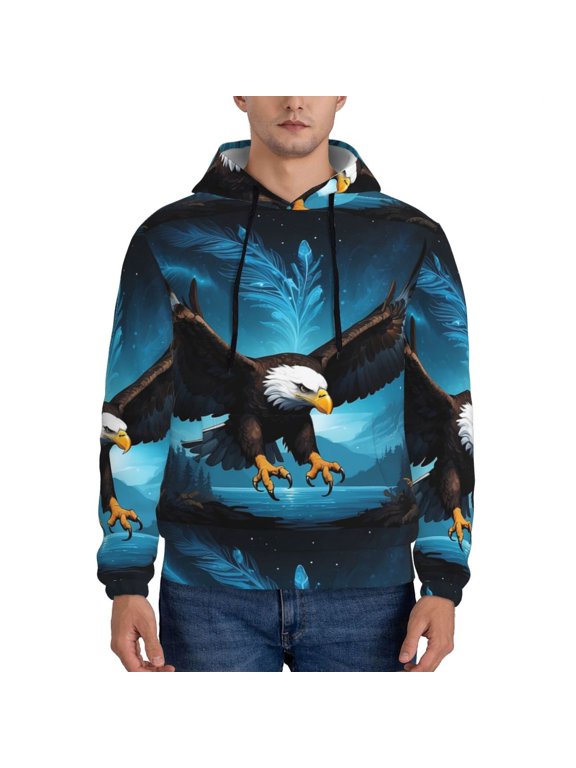 Night Sky Forest Bald Eagle Pattern Mens Hoodies Men's Loose Sleeve Sweatshirt,Pullover Hooded Sweatshirt for Men,Essentials Hoodie-Large