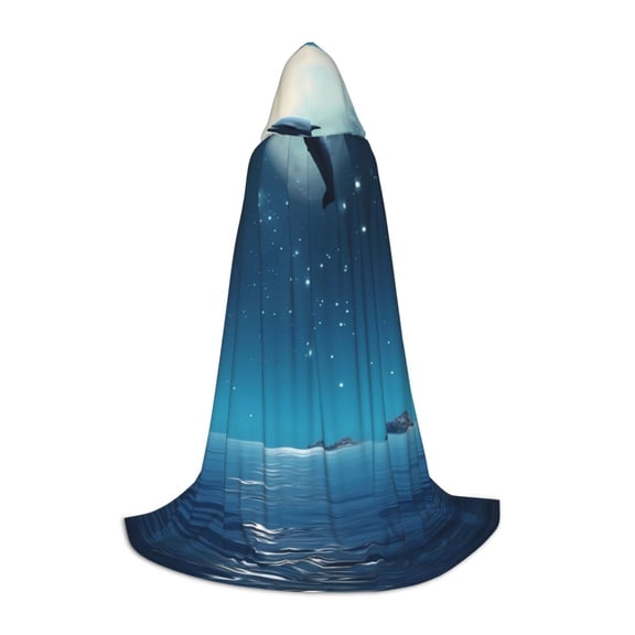 Honeii Night Sky Moon Dolphin Print Poncho Cape, Cloak Coat, Snuggly Hooded Wearable Blanket, Hooded Cape For Teenagers,Halloween Costumes-Medium