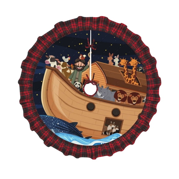 Honeii Ocean Scene with Noah's Ark Pattern Christmas Tree Skirt, Christmas Ribbon Holly Winter Holiday Tree Mat Decoration-