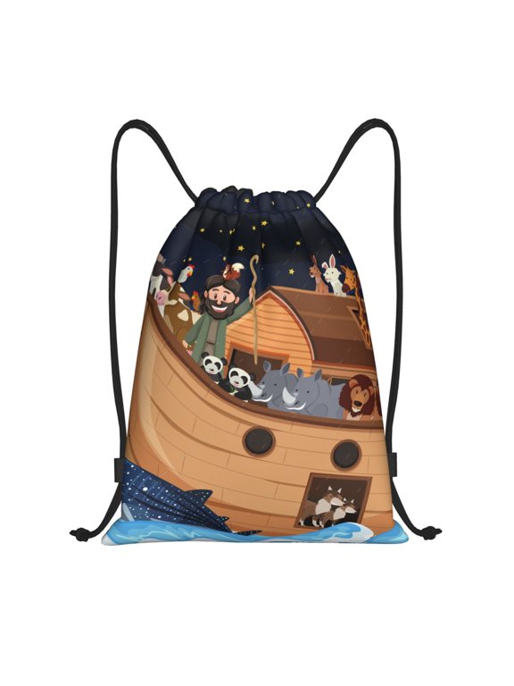 Ocean Scene with Noah's Ark Print Drawstring Backpack,Drawstring Bags String Backpack Gym Cinch Sack Backpack Sport Bag Draw-