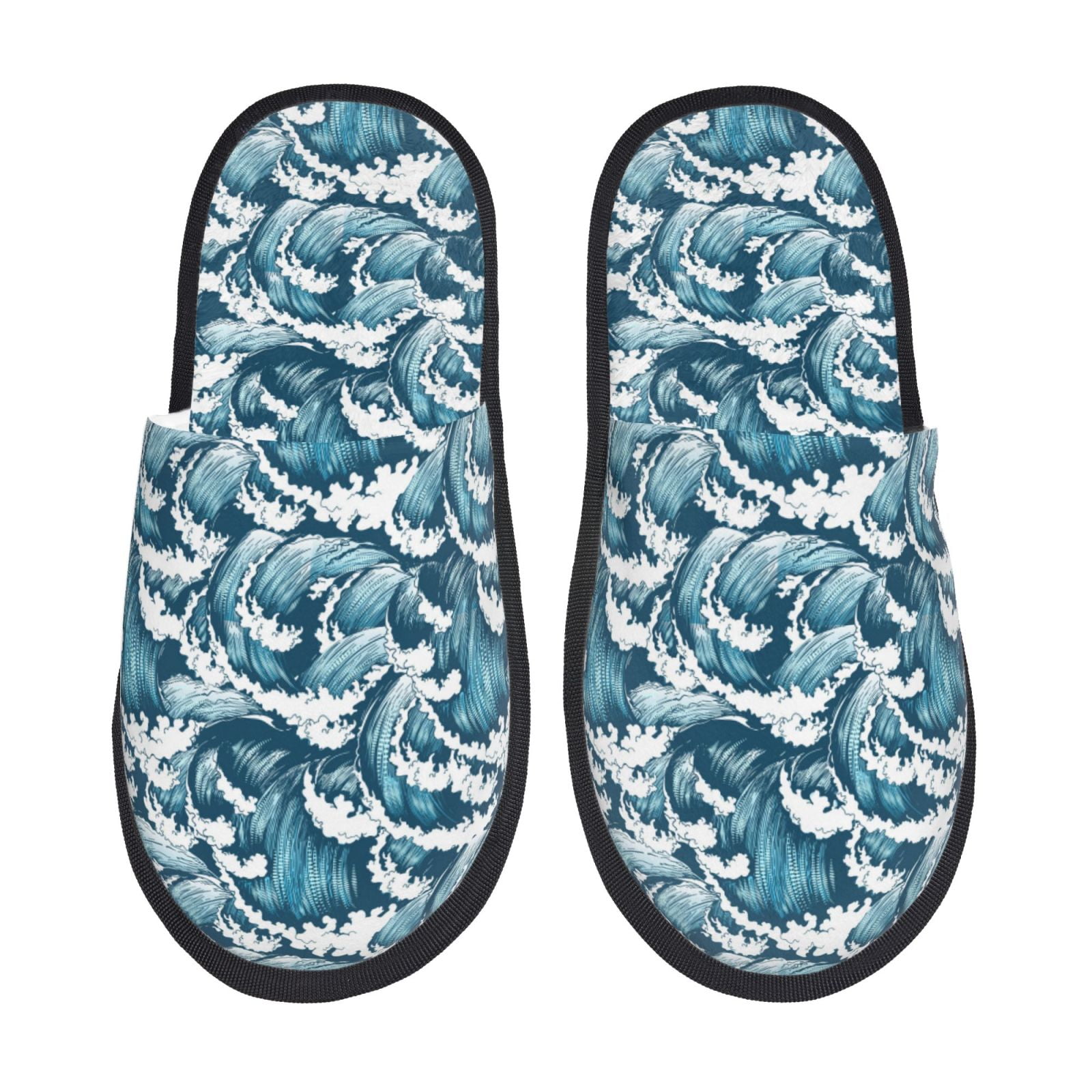Honeii Ocean Waves Print Furry Slippers Bedroom Slippers for Women and