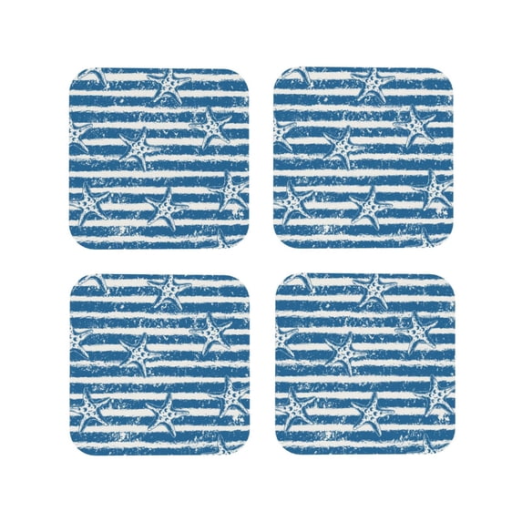 Honeii Ocean on Striped print Leather Coaster Set of 4, ideal for safeguarding your furniture from drinks spills and effortless cleanup-Square