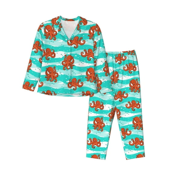 Honeii Octopuses print Women's Pajama Sets Long Sleeve Button Down Sleepwear Nightwear Soft Pjs Lounge Sets-