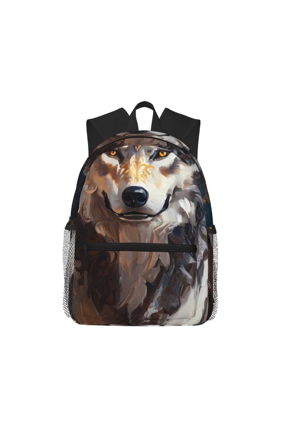 Oil Painting Tribal Wolf Print School Backpack,Casual Lightweight Travel Rucksack Daypack,Backpacks for College High